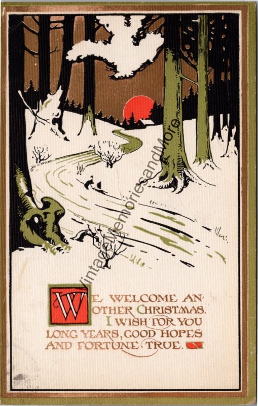 We Welcome Another Christmas Vintage Illustrated Gold Detail Postcard PC335