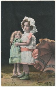 1907 Postcard Little Girl With Large China Doll and Parasol Theodor Eismann