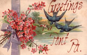 Vintage Postcard Greetings From Pont Pennsylvania Flying Birds Flowers Nature