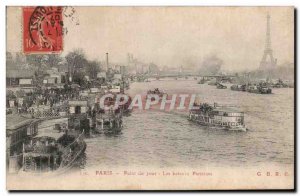 Old Postcard Paris Point Du Jour Parisians boats barges Eiffel Tower