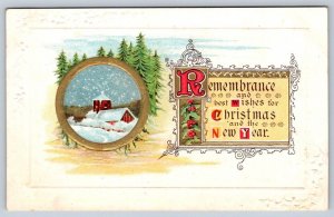 Remembrance & Best Wishes For Christmas, Snowy Rural Scene, Vintage Postcard