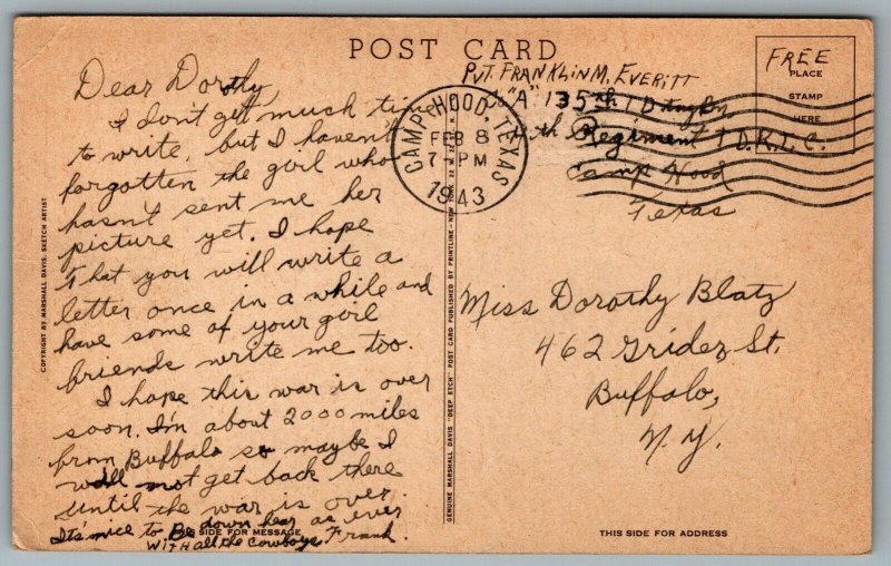Postcard WWII C1943 Marshall Davis The Short Sheet Named Pvt. Franklin Everitt