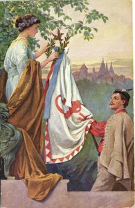 PC SOKOL MOVEMENT, LADY PUTTING LEAFS ON A FLAG, Vintage Postcard (b28245)