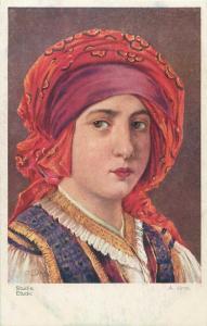 A. Jiras artist study Eastern Europe folk costume red wimpel early postcards x 2