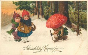 Postkarte Happy New Year young children humanized mushrooms fantasy surrealism