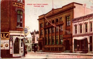 Postcard Armory and Public Library in Portage, Wisconsin
