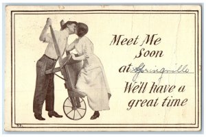 1912 Meet Me Soon Lovers Couple Wheelbarrow Springville Iowa IA Vintage Postcard