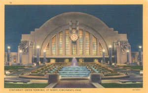 Cincinnati Ohio Union Terminal at Night Linen Postcard  Unused