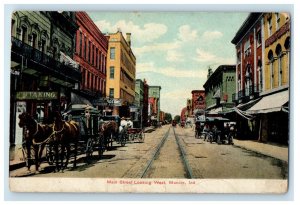 1909 Main Street Looking West Horse Carriage Muncie Indiana IN Antique Postcard