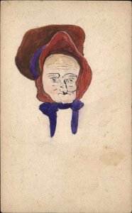 Handmade Hand Painted Old Woman's Face Bonnet Sunbonnet Hat Postcard c1905