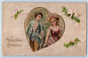 Valentine Postcard Greetings Heart Young Romance Flowers Winsch Back Embossed