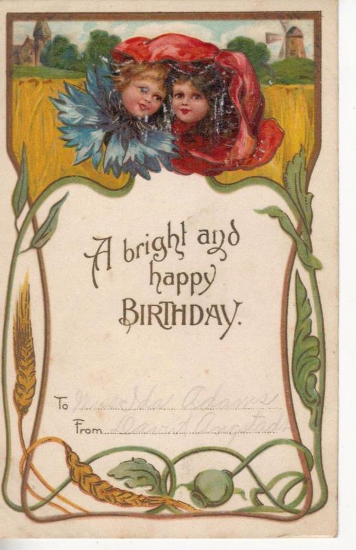 Birthday greeting lady flower faces with windmill behind antique pc (Z4769)