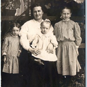 c1910s Outdoor Family RPPC Single Mother Grumpy Baby Real Photo Boy Dress A159