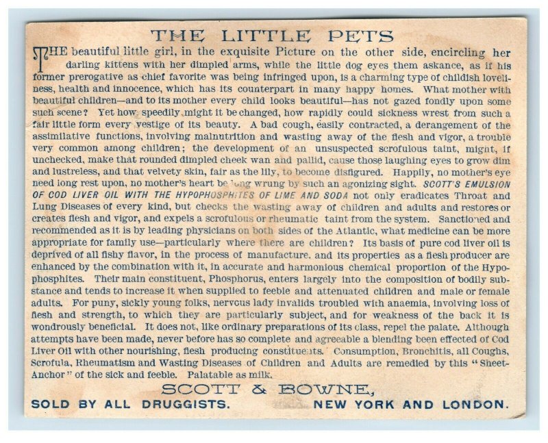 1887 Scott & Browne Cod Liver Oil The Little Pets Girl Kittens Dog #R