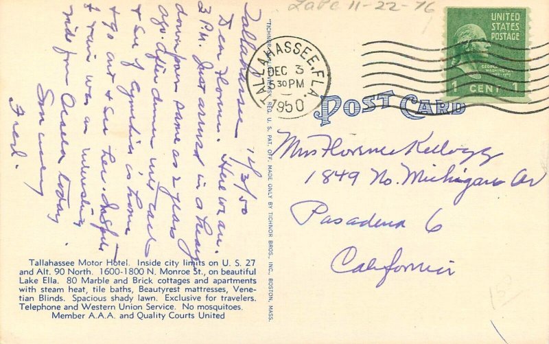 1950 Florida Tallahassee Motel US 27 Tichnor linen roadside Postcard 22-11680