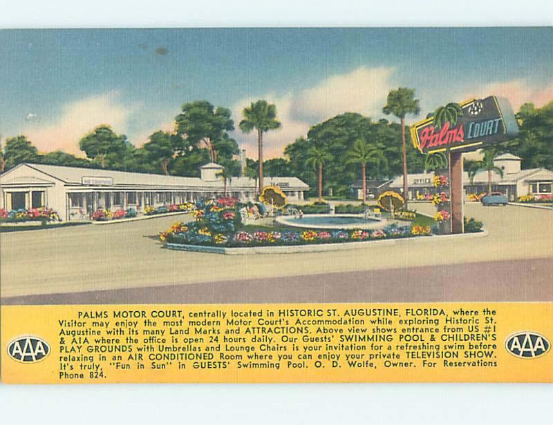 Unused Linen PALMS MOTOR COURT MOTEL St. Augustine Florida FL M5966-22