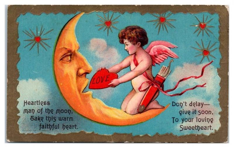 Early 1900s Crescent Moon and Cupid Postcard