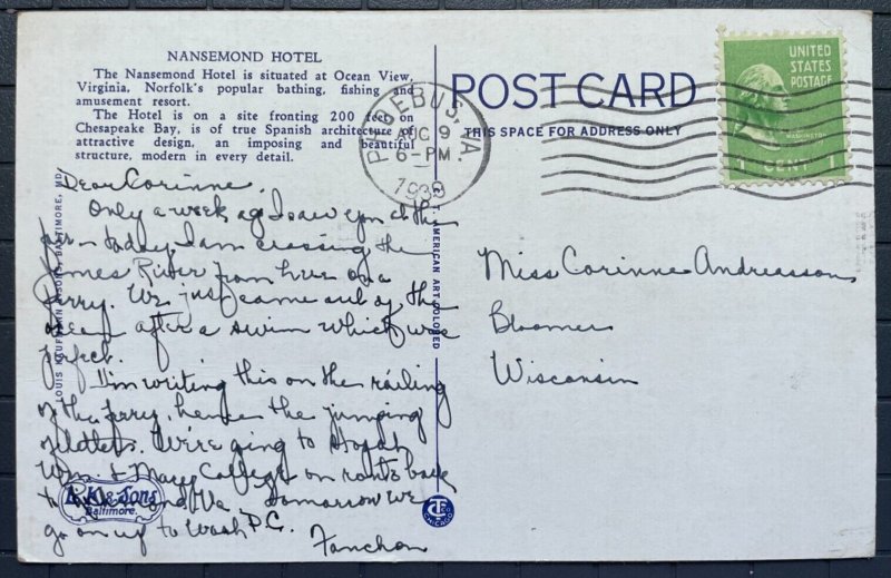 Vintage Postcard 1939 Nansemond Hotel, Ocean View, Norfolk, Virginia