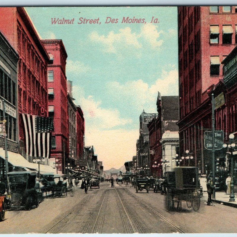 c1910s Des Moines, IA Walnut St PC Downtown Roadside Busy Scene Store Signs A274