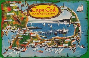 Cape Cod MA Map, Boats 1958, Massachusetts Chrome
