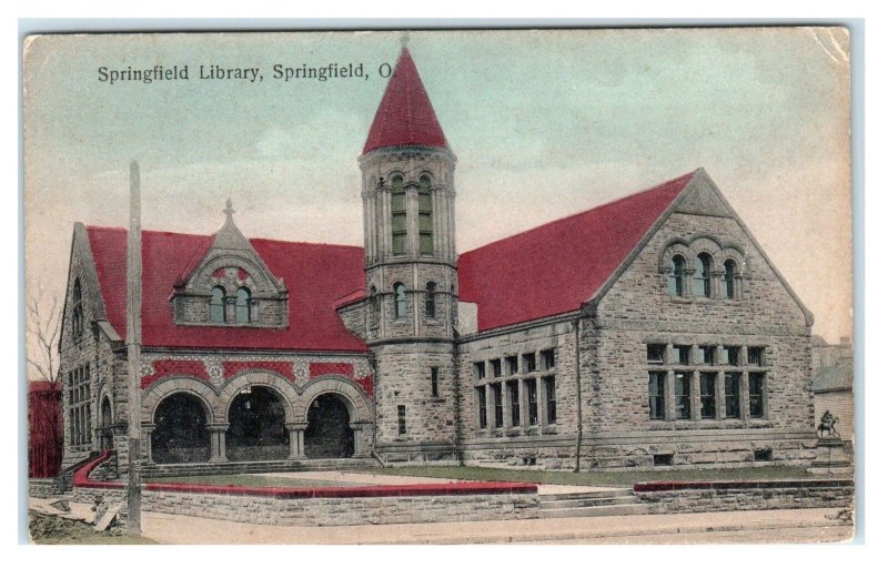 SPRINGFIELD, OH Ohio ~ Handcolored SPRINGFIELD LIBRARY c1910s   Postcard
