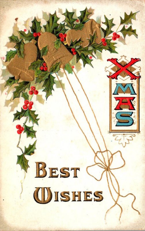 Christmas With Gold Bells and Holly 1910