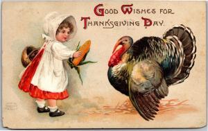 Thanksgiving, Girl Feeding Corn to Turkey Embossed c1908 Vintage Postcard J08