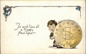 New Year Fantasy Little Boy Elf Sprite Hides Behind Giant Coin Vintage Postcard