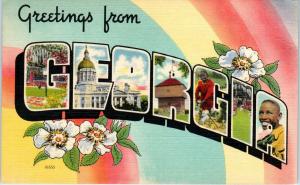 Greetings From GEORGIA    LARGE LETTER LINEN  c1940s  Colorpicture  Postcard