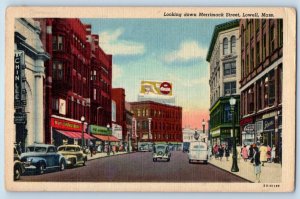 Lowell Massachusetts MA Postcard Looking Down Merrimack Street Classic Cars 1948