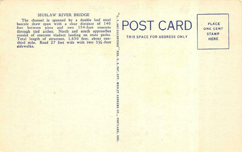 FLORENCE Oregon OR  SIUSLAW RIVER BRIDGE & CITY Bird's Eye View LANE CO Postcard