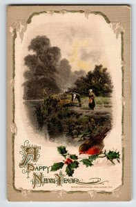 New Year Postcard John Winsch 1912 Farm Country People Song Bird Germany Emboss