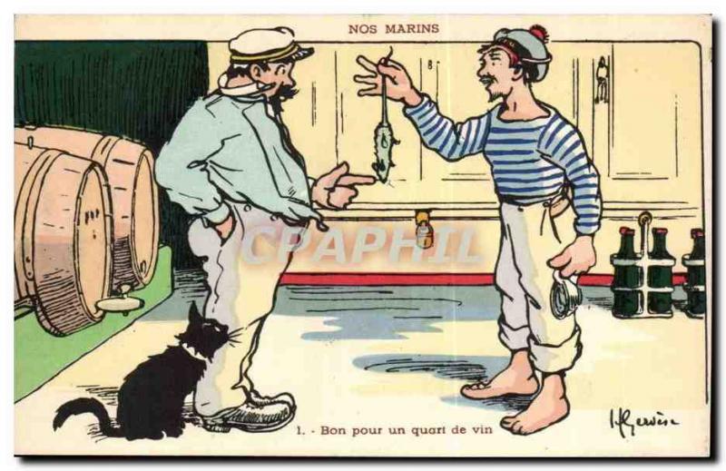 Our Marins- Good for a quarter of the wine- cat-rat-boat-Postcard Old Illustr...