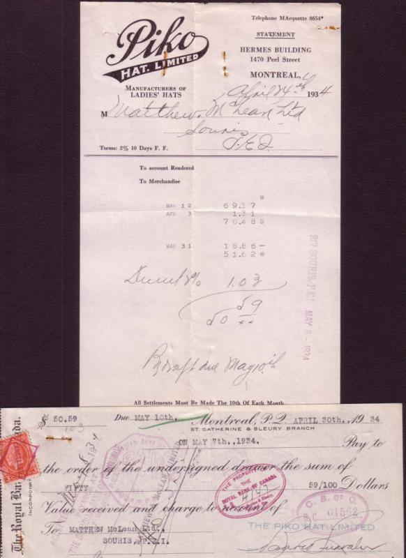 1934 Invoice, Payment Cheque, Piko Hat Ltd, Montreal  Quebec, Mattew McLeanI