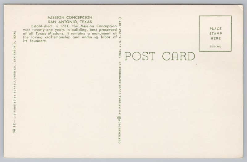 San Antonio Texas~Mission Concepcion~Vintage Postcard