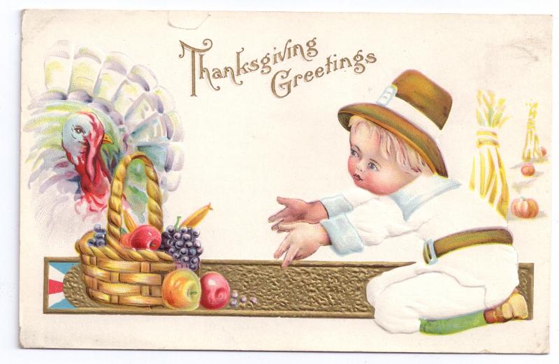 Thanksgiving Pilgrim Boy Child White Turkey Fruit Basket Gold Embossed Postcard