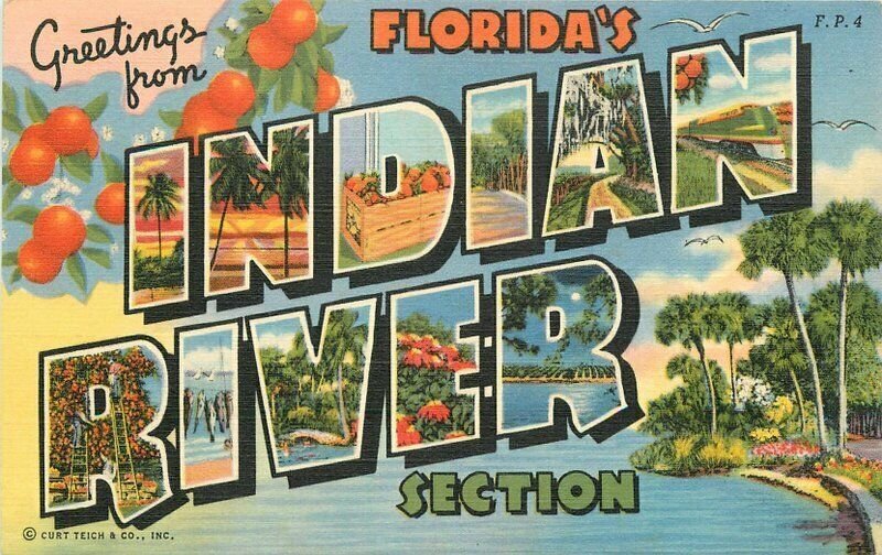 Indian River Florida large letters multi View Teich linen 1940s Postcard 21-7004