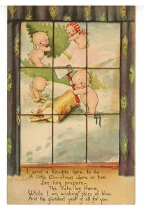 Kewpies by Rose O'Neill. Pub. By Gibson Art Christmas- Yule Log