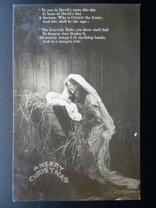 Christmas Greetings MARY & BABY JESUS IN MANGER c1914 RP Postcard by Bamforth