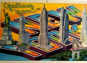 Greetings From New York Postcard Empire Liberty Large Letter Gothic Buildings