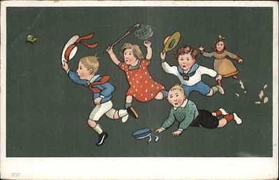 Children Play Butterfly Net Boy Falls Art Deco c1910 Post...