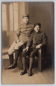 Military Two Handsome Soldiers 168 Regiment RPPC Studio Portrait Postcard M32