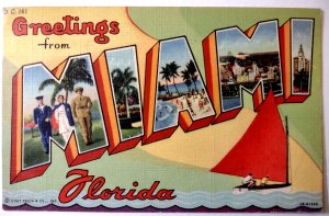 Greetings From Miami Florida Large Letter Linen Postcard Sailor Sailboat Navy