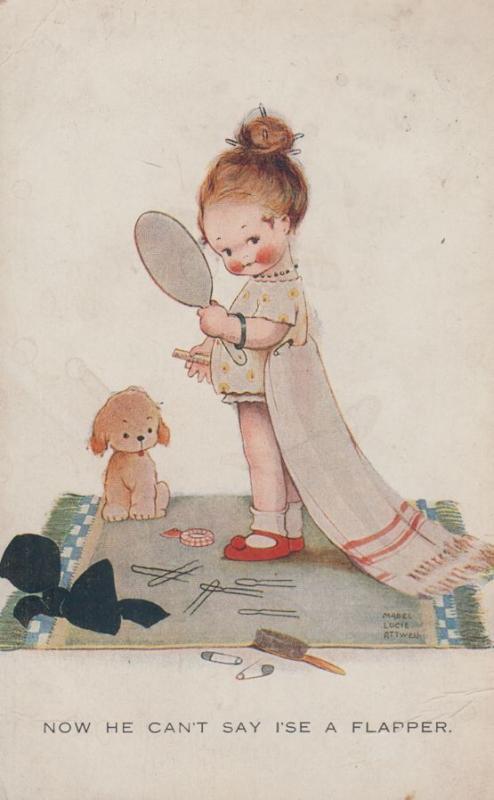 Child Styling Hair Vanity Hairbrush Scissors A Flapper Old Comic Humour Postcard