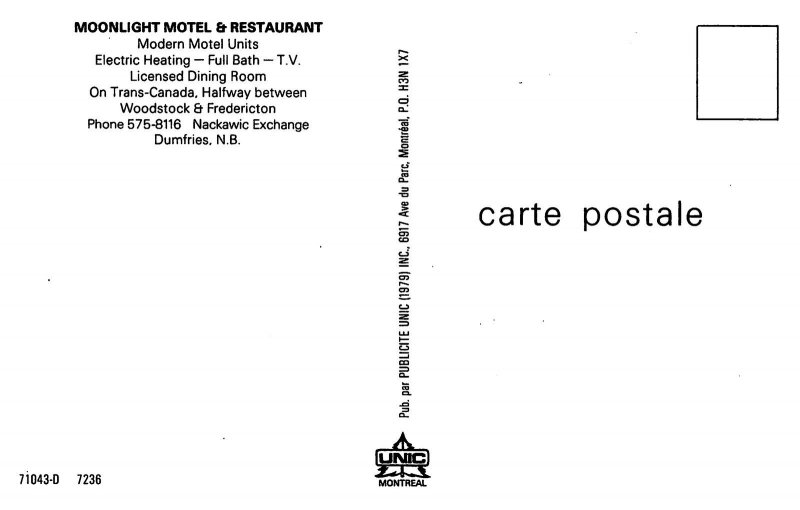Moonlight Motel Restaurant Dumfries New Brunswick Canada postcard
