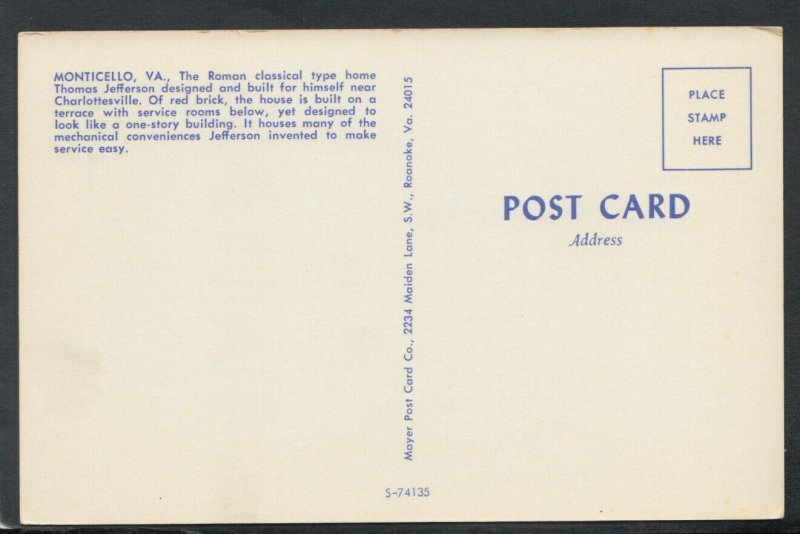 America Postcard - Monticello, Charlottesville, Virginia   RS19692