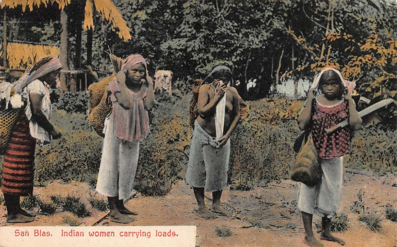 San Blas, Panama, Native Women Carrying Loads, Early Postcard, Unused