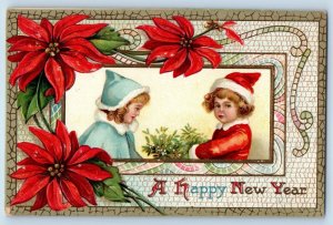 Brooklyn NY Postcard New Year Children With Hat Poinsettia Flowers Embossed
