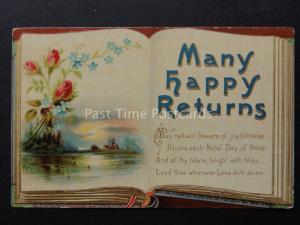 Greetings: BIRTHDAY Many Happy Returns OPEN BOOK - Old Postcard