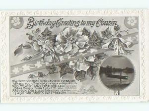 1917 rppc COUSIN BIRTHDAY - FLOWERS & SKIFF BOAT o2162